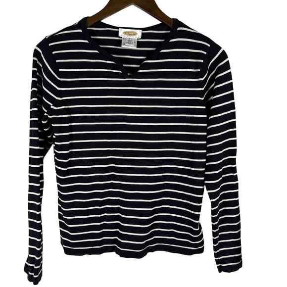 Talbots Navy Cream Striped Silk Long Sleeved Sweater S Petite Classic Preppy - Picture 1 of 6